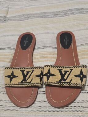 Louis Vuitton Black & Tan Monogram Canvas Slide Sandals